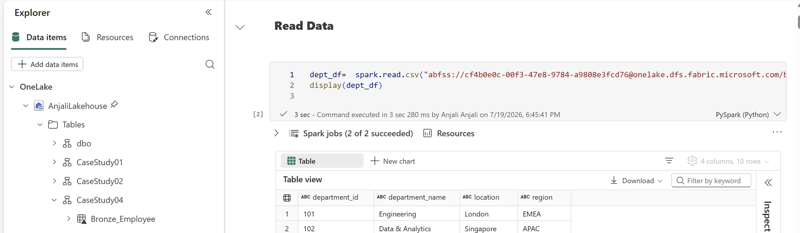 Fabric notebook cell reading departments CSV from OneLake with spark.read.csv and displaying it: 4 columns and 10 rows showing department_id, department_name, location and region, with the Lakehouse explorer open on the left.