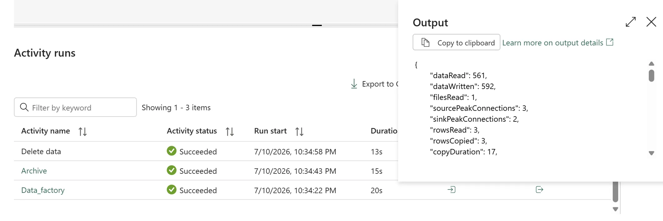 Fabric Activity runs panel listing Delete data, Archive and Data_factory, all with a green Succeeded status, beside an Output pane reporting filesRead 1, rowsRead 3 and rowsCopied 3.