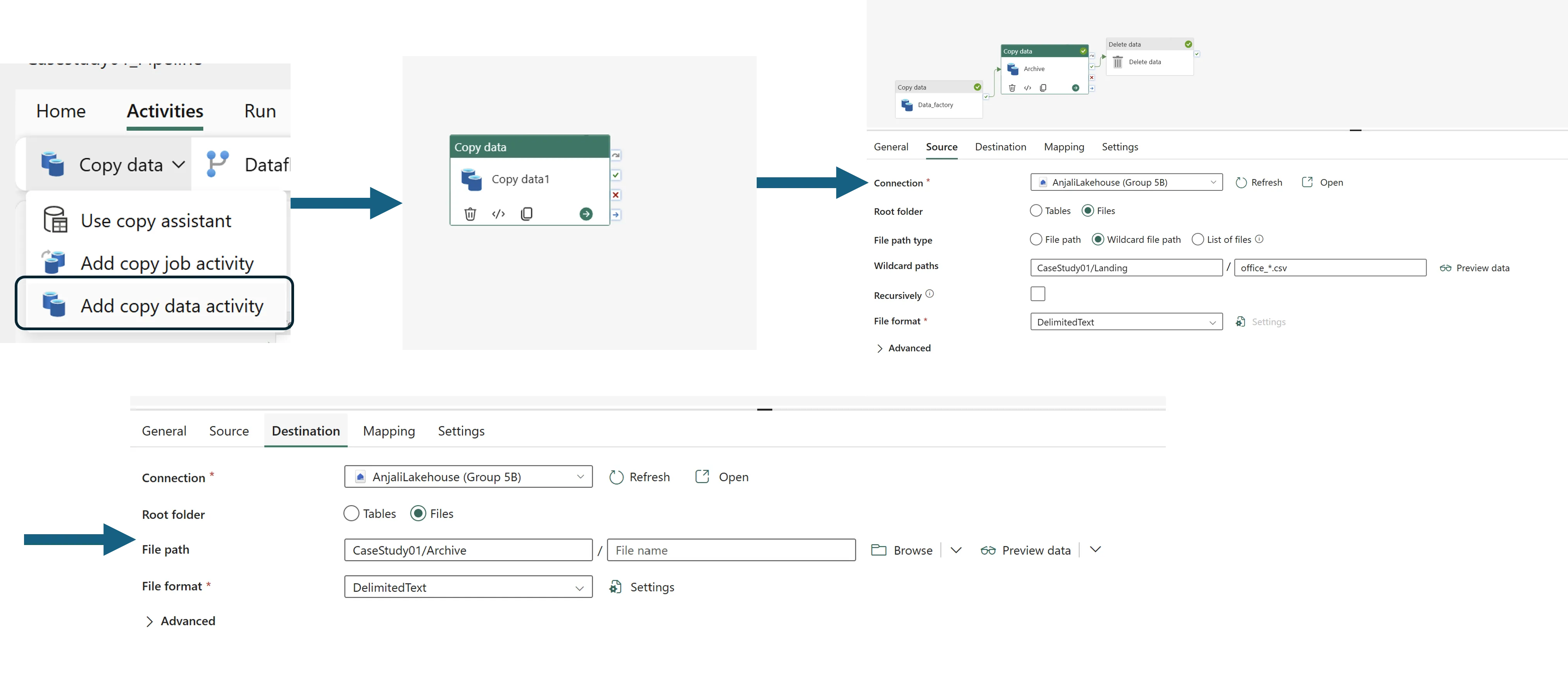 Fabric Copy data configuration: source tab set to a wildcard file path of CaseStudy01/Landing with pattern office_*.csv in DelimitedText format, and destination tab writing to CaseStudy01/Archive.