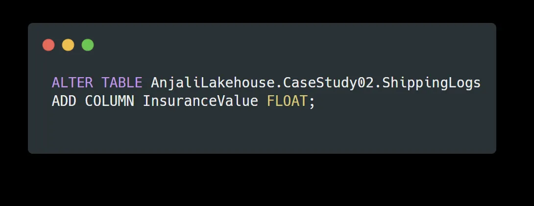 Notebook cell containing ALTER TABLE AnjaliLakehouse.CaseStudy02.ShippingLogs ADD COLUMN InsuranceValue FLOAT.