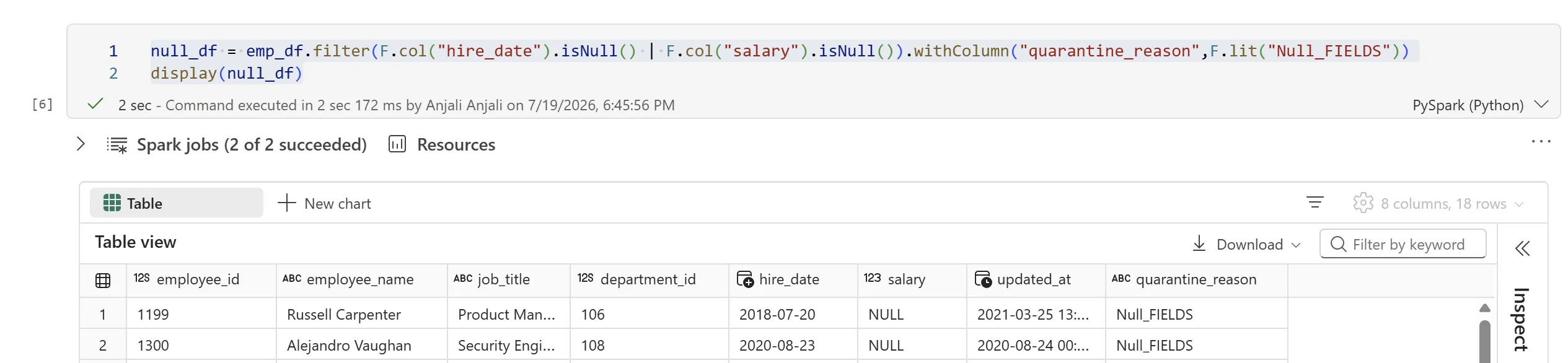 Fabric notebook cell filtering rows where hire_date or salary is null and stamping a quarantine_reason of Null_FIELDS, returning 8 columns and 18 rows.