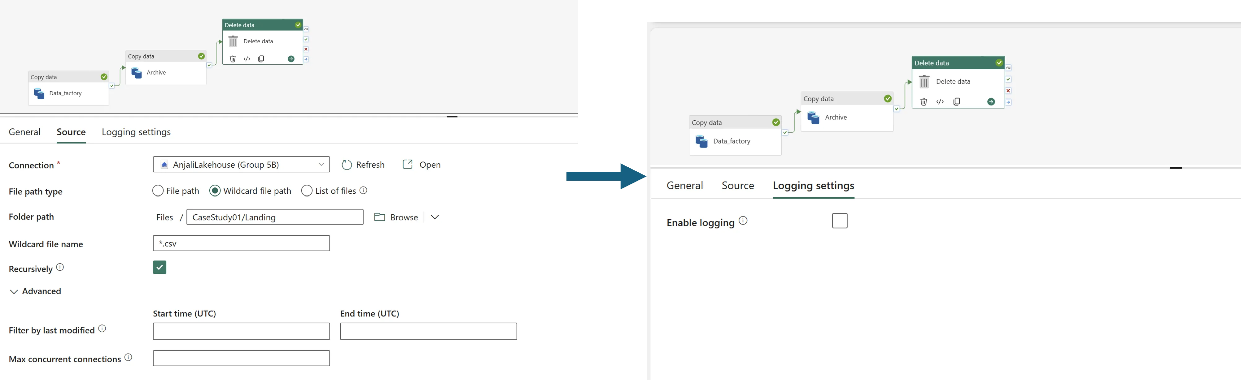 Delete data activity selected on the pipeline canvas, with its Source tab set to a wildcard file path of CaseStudy01/Landing and wildcard file name *.csv with Recursively ticked, and its Logging settings tab showing Enable logging unticked.