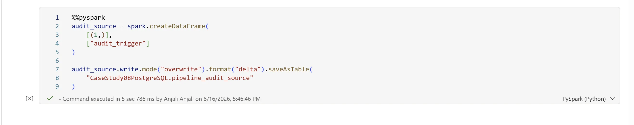 PySpark notebook cell creating a one-row test DataFrame with a single column audit_trigger, then writing it to a Delta table named CaseStudy08PostgreSQL.pipeline_audit_source in overwrite mode.
