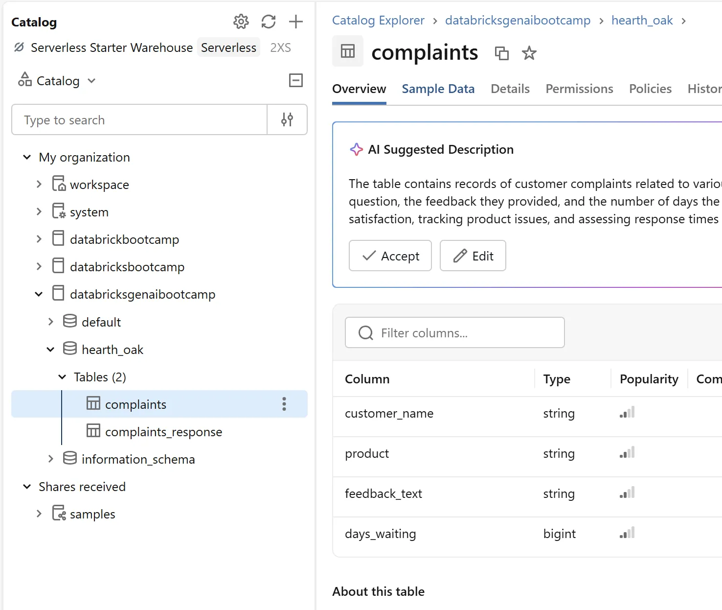 Databricks Catalog Explorer showing the complaints table in the databricksgenaibootcamp catalog, hearth_oak schema, with four columns: customer_name, product and feedback_text as strings, and days_waiting as bigint.