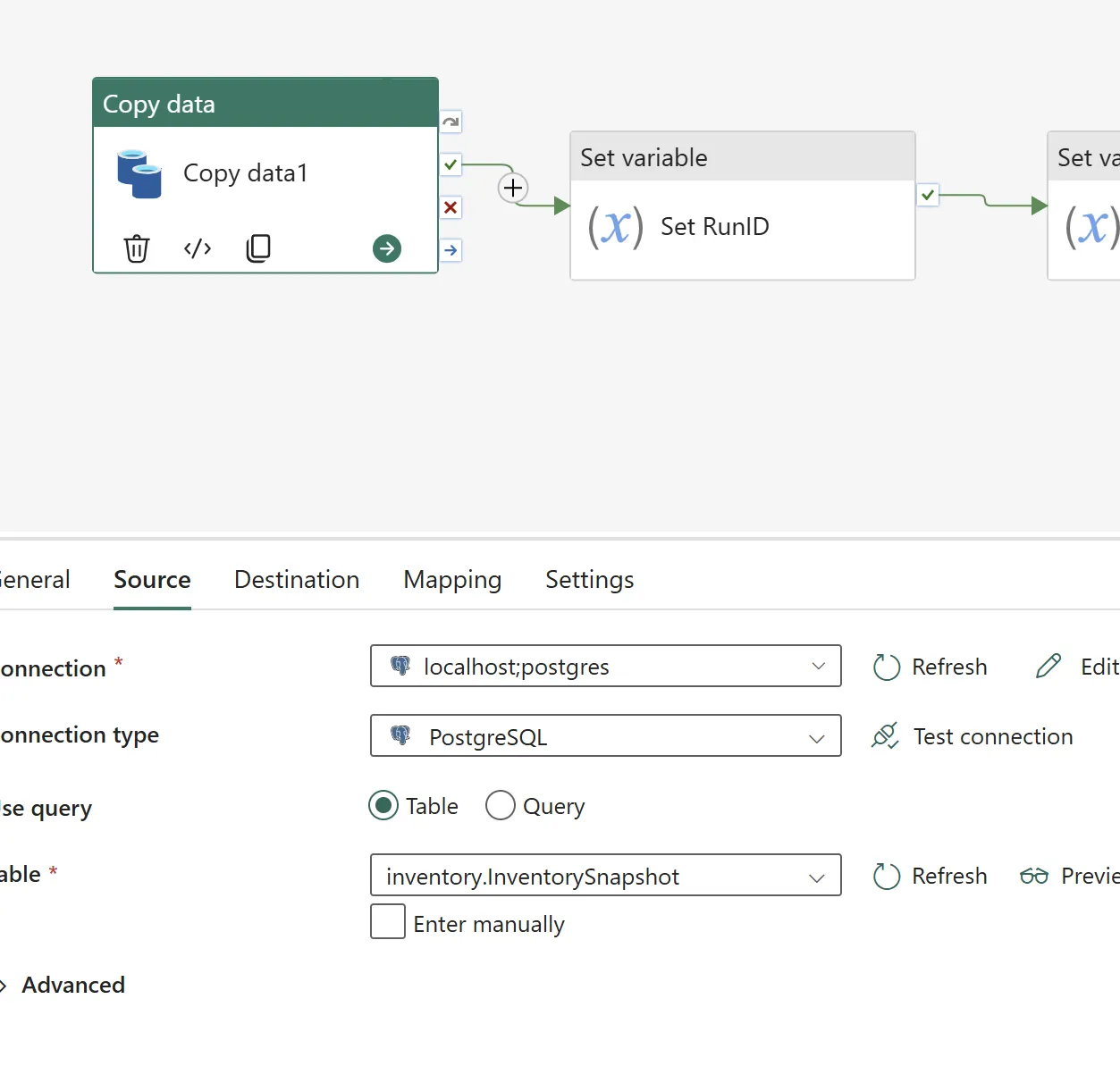 Copy Data activity Source tab showing connection localhost;postgres, connection type PostgreSQL, table inventory.InventorySnapshot selected under Use query: Table, with a pipeline canvas above showing Copy data1 feeding into a Set variable activity named Set RunID.