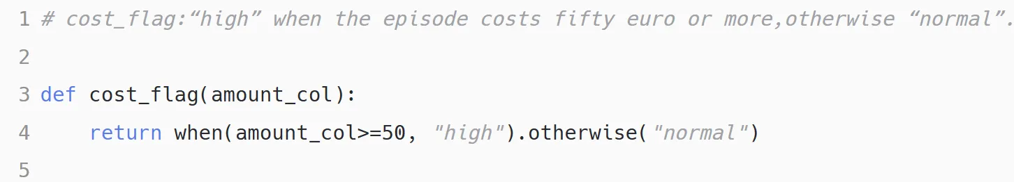 PySpark function cost_flag(amount_col): returns when amount_col is greater than or equal to 50, high, otherwise normal.