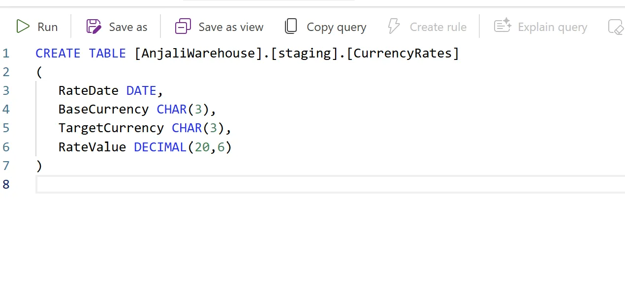 T-SQL CREATE TABLE statement for AnjaliWarehouse.staging.CurrencyRates, with columns RateDate as DATE, BaseCurrency as CHAR(3), TargetCurrency as CHAR(3), and RateValue as DECIMAL(20,6).