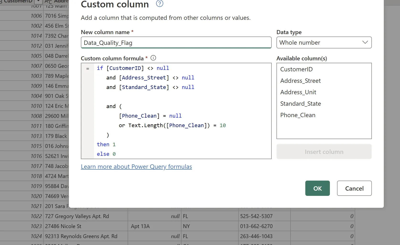Power Query Custom Column dialog defining Data_Quality_Flag as a Whole Number, with a formula that returns 1 when CustomerID, Address_Street and Standard_State are all non-null and Phone_Clean is either null or exactly ten characters long, otherwise 0.