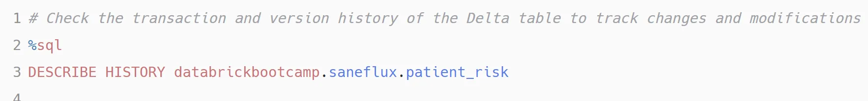 SQL cell: DESCRIBE HISTORY databrickbootcamp.saneflux.patient_risk, with a comment reading check the transaction and version history of the delta table.