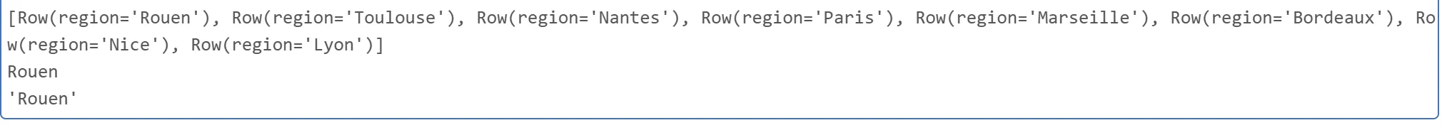 Output: a list of eight Row objects, region equal to Rouen, Toulouse, Nantes, Paris, Marseille, Bordeaux, Nice and Lyon, followed by Rouen printed twice, once as a plain string and once quoted.