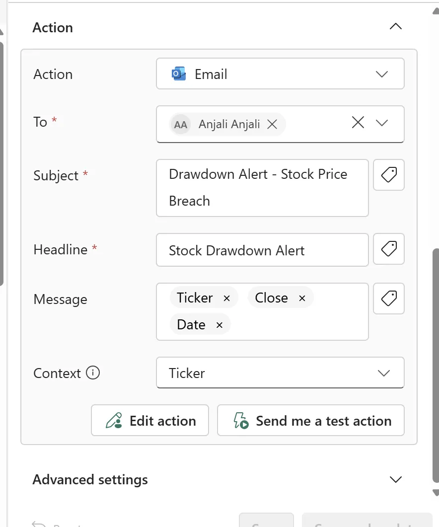 Fabric Activator action configuration. Action type Email, recipient Anjali Anjali, subject Drawdown Alert - Stock Price Breach, headline Stock Drawdown Alert, message tags Ticker, Close and Date, context Ticker.