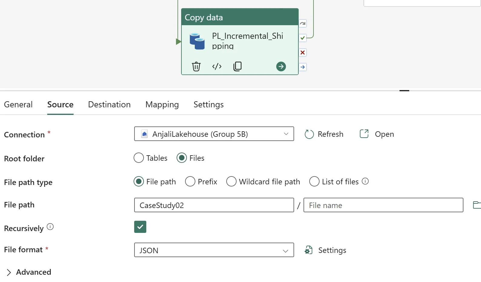 Fabric Copy data activity named PL_Incremental_Shipping, source tab set to file path CaseStudy02 with Recursively checked and file format JSON.