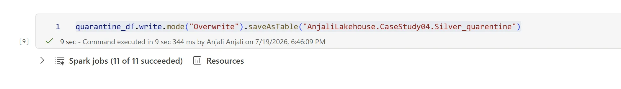 Fabric notebook cell writing quarantine_df in Overwrite mode to AnjaliLakehouse.CaseStudy04.Silver_quarentine, reporting 11 of 11 Spark jobs succeeded.