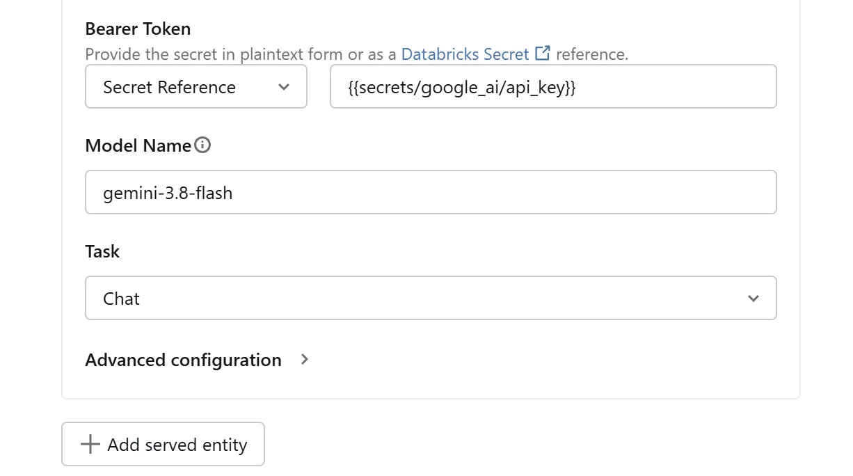 Endpoint settings continued: the bearer token is a Secret Reference to secrets/google_ai/api_key, the model name is gemini-3.8-flash, and the task is Chat.