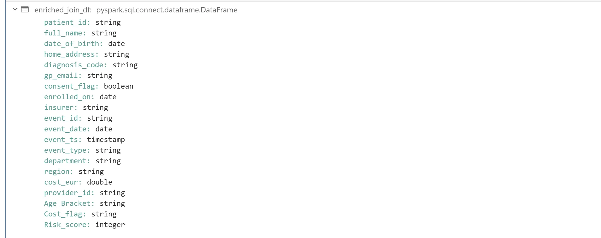 enriched_join_df schema listing every column from the join plus Age_Bracket as string, Cost_flag as string, and Risk_score as integer.