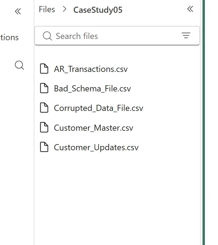 Fabric Files explorer showing the CaseStudy05 folder containing AR_Transactions.csv, Bad_Schema_File.csv, Corrupted_Data_File.csv, Customer_Master.csv and Customer_Updates.csv.