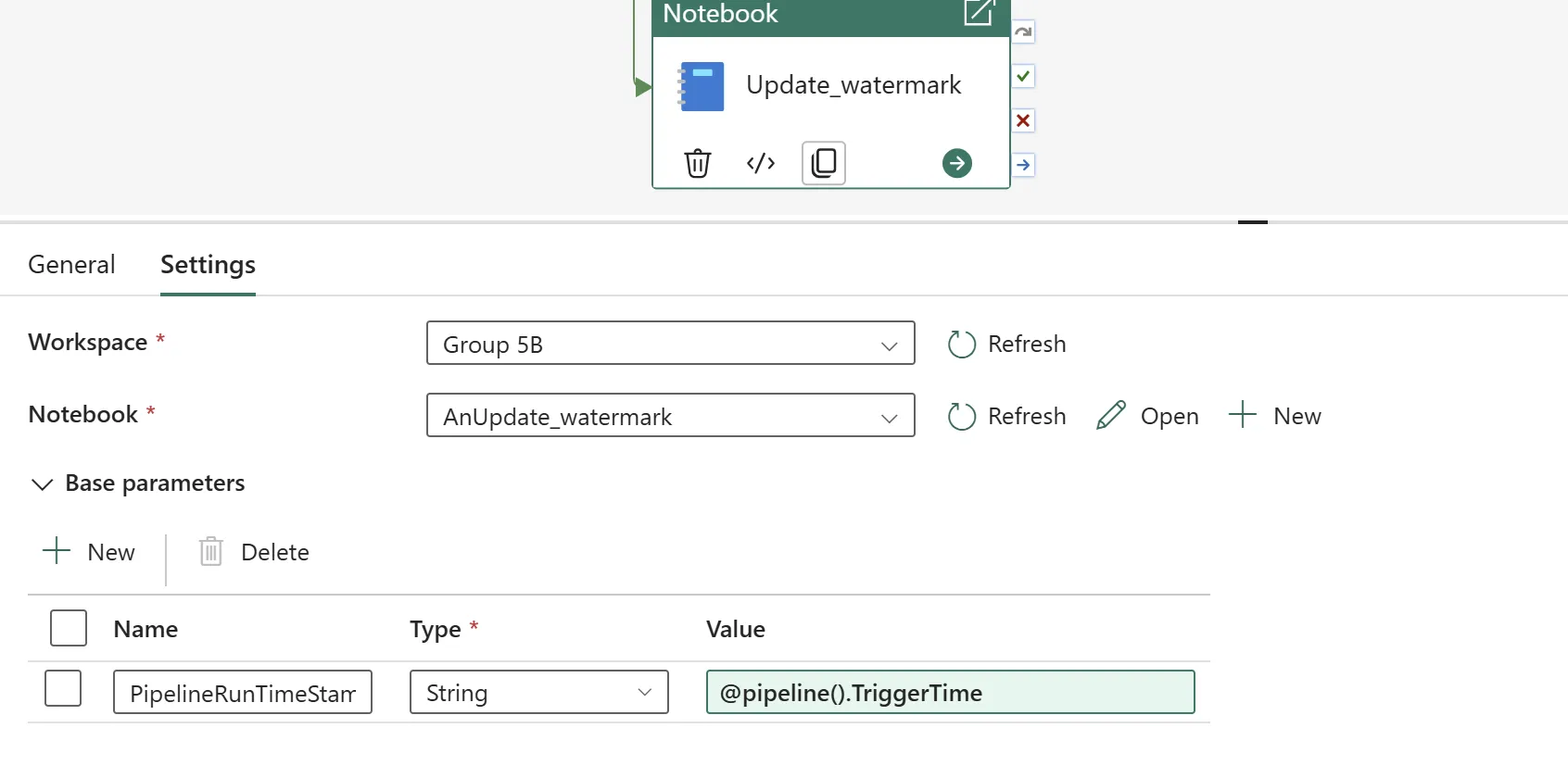 Fabric Notebook activity settings: workspace Group 5B, notebook AnUpdate_watermark, and a base parameter named PipelineRunTimeStamp of type String set to @pipeline().TriggerTime.