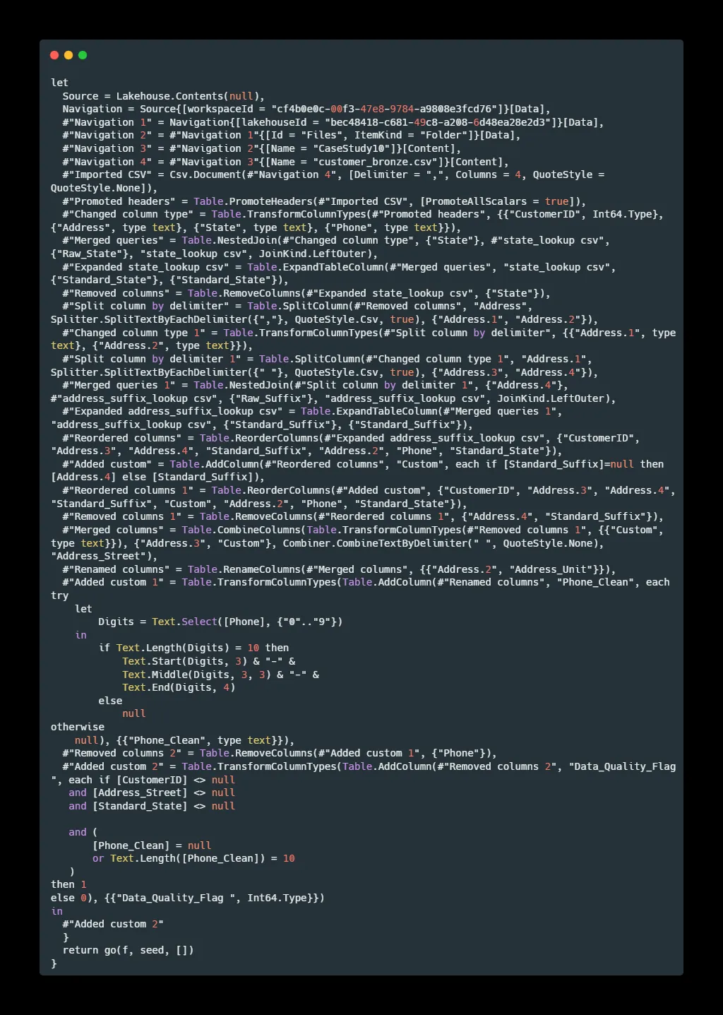 Complete Power Query M script for the Customer_Silver query, from the initial Lakehouse.Contents source navigation through importing the Bronze CSV, merging and expanding the state lookup, splitting and rejoining the address against the suffix lookup, deriving Phone_Clean, and finally deriving Data_Quality_Flag.