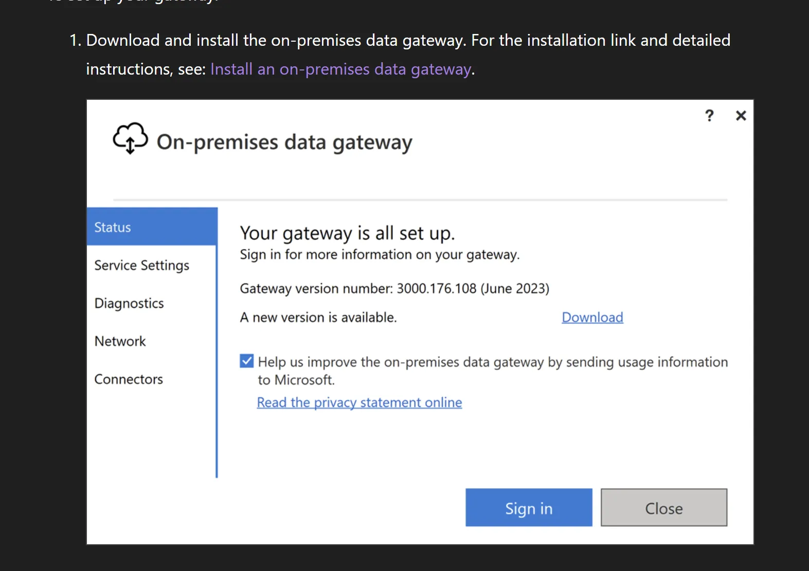 On-premises data gateway configuration window showing the message 'Your gateway is all set up', with gateway version 3000.176.108 and options for Status, Service Settings, Diagnostics, Network and Connectors.