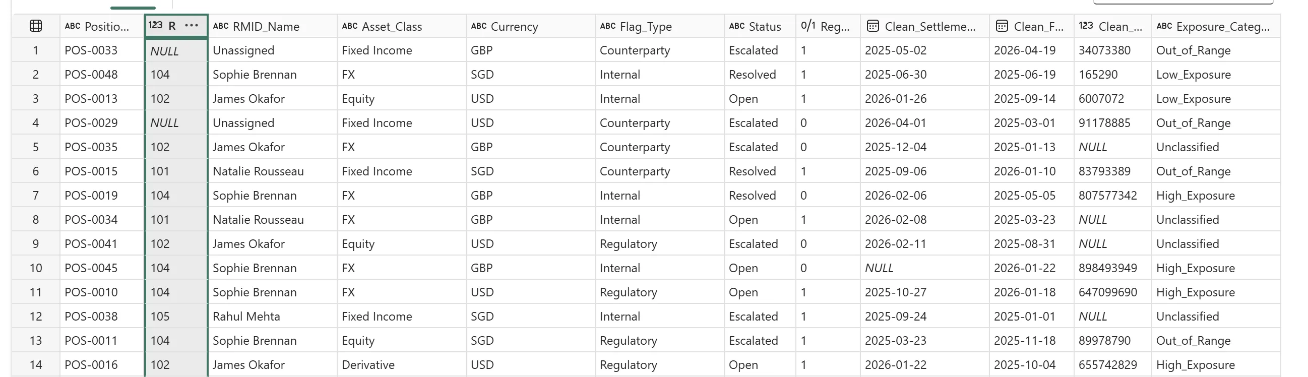 Fourteen further rows from gold.clean_positions, including two rows for PositionID POS-0033 and POS-0029 where RMID is NULL and RMID_Name reads Unassigned, and rows with a NULL Clean_Notional_Value classified as Unclassified.