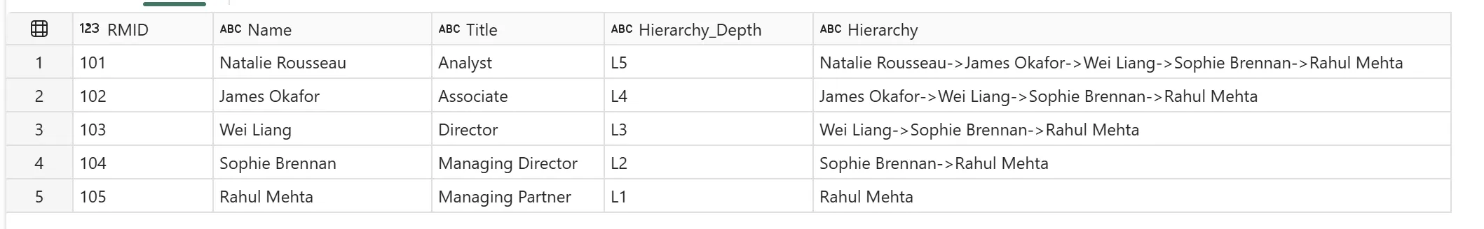 Hierarchy query result: Natalie Rousseau, Analyst, Hierarchy_Depth L5, chain Natalie Rousseau to James Okafor to Wei Liang to Sophie Brennan to Rahul Mehta. James Okafor, Associate, L4. Wei Liang, Director, L3. Sophie Brennan, Managing Director, L2. Rahul Mehta, Managing Partner, L1, chain is just his own name.