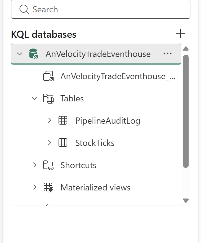 Fabric KQL database explorer showing the AnVelocityTradeEventhouse database expanded to a Tables node containing two tables: PipelineAuditLog and StockTicks.