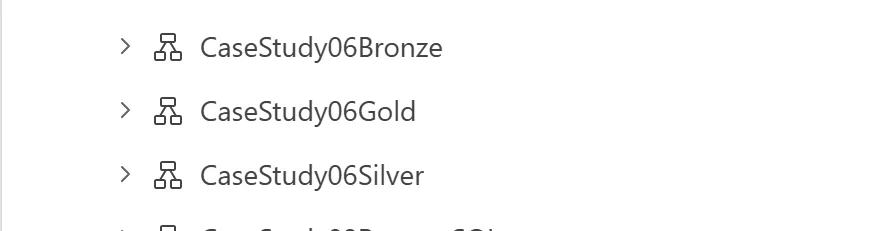 Lakehouse schema browser showing three expandable schemas: CaseStudy06Bronze, CaseStudy06Gold, CaseStudy06Silver.