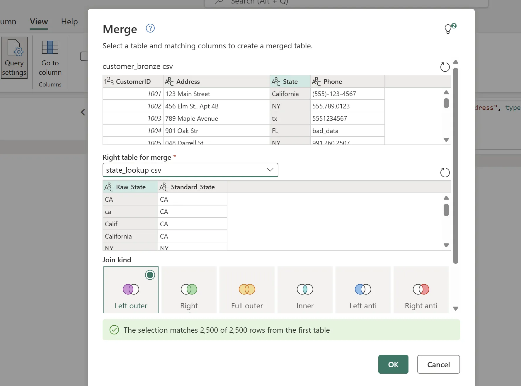 Power Query Merge dialog merging customer_bronze csv with state_lookup csv on a left outer join. The state_lookup table maps Raw_State values including CA, ca, Calif. and California to a single Standard_State value of CA. A message confirms the selection matches 2,500 of 2,500 rows from the first table.