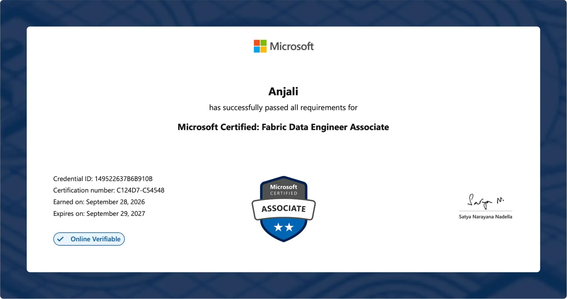 Certificate: Microsoft Certified: Fabric Data Engineer Associate, issued by Microsoft