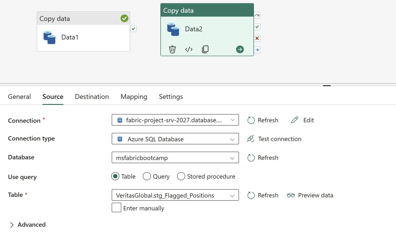 A second Copy Data activity's Source tab, reading VeritasGlobal.stg_Flagged_Positions from the same Azure SQL Database connection.