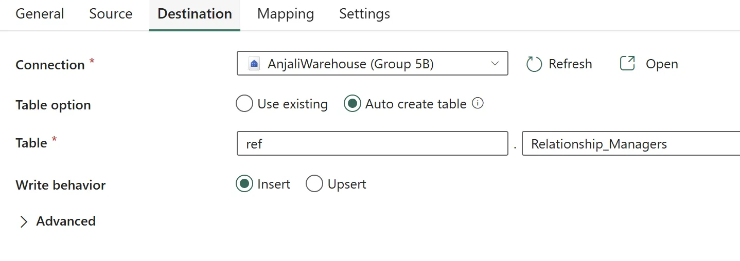 The same Copy Data activity's Destination tab, targeting the AnjaliWarehouse connection with auto-create table enabled, writing to ref.Relationship_Managers with Insert as the write behaviour.