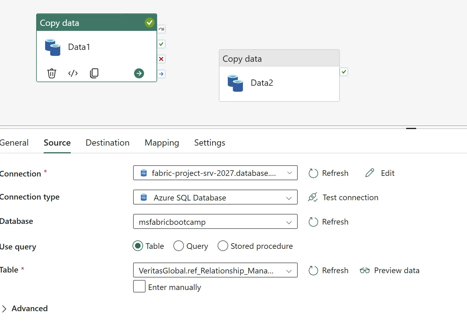 A Data Factory Copy Data activity's Source tab, connected to an Azure SQL Database named fabric-project-srv-2027 on the msfabricbootcamp database, reading the table VeritasGlobal.ref_Relationship_Managers.