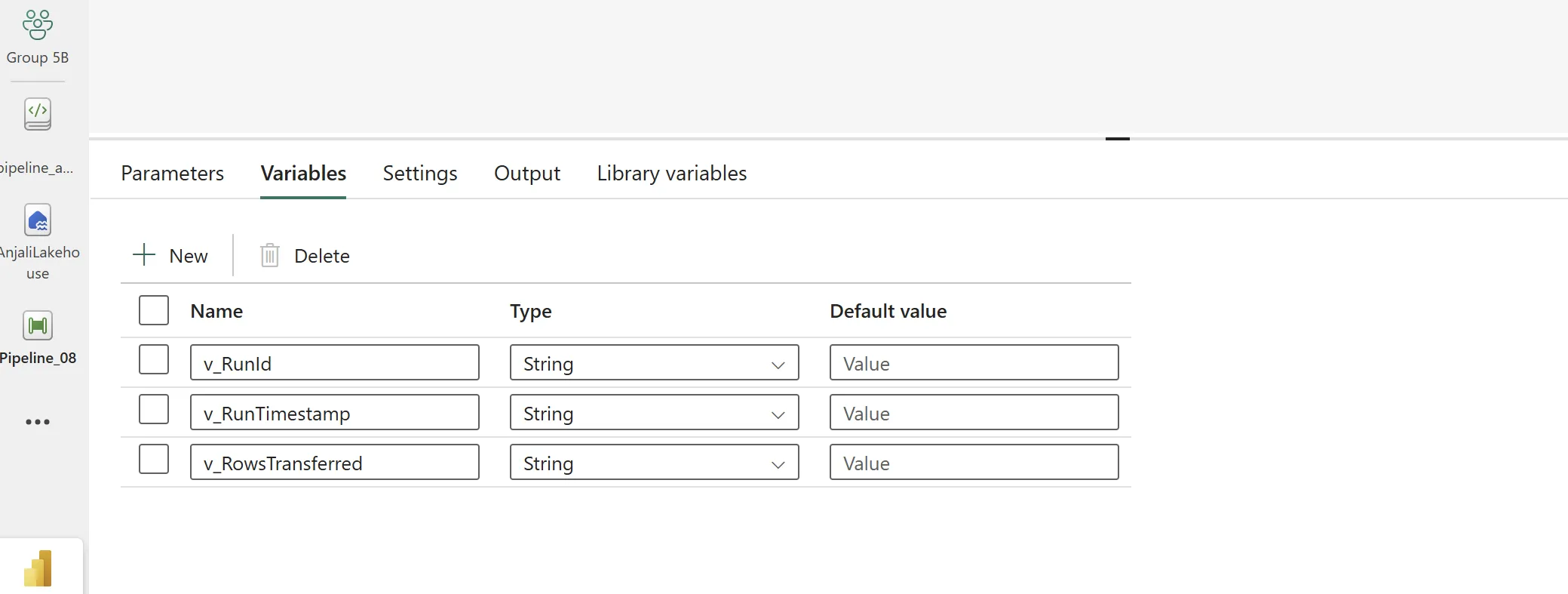 Fabric pipeline Variables tab listing three pipeline variables, all of type String: v_RunId, v_RunTimestamp and v_RowsTransferred, each with an empty default value.