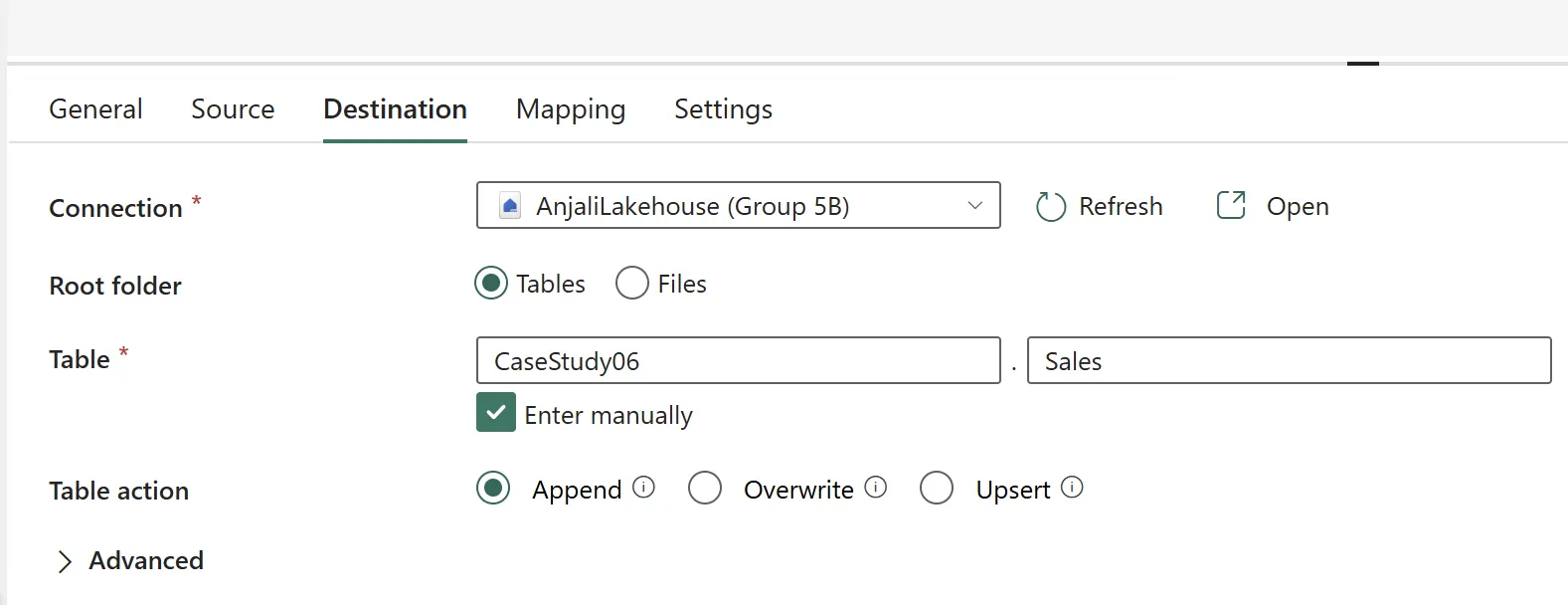 SalesBatch Copy activity Destination tab, connection AnjaliLakehouse, Table CaseStudy06.Sales, Append write behaviour.