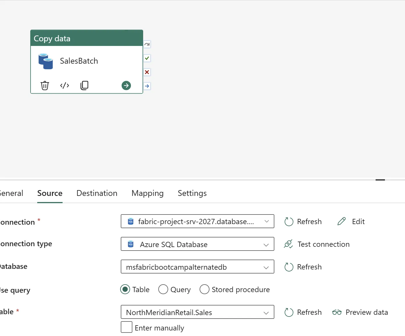 Copy data activity named SalesBatch, Source tab, Azure SQL Database connection, Table mode, Table set to NorthMeridianRetail.Sales.