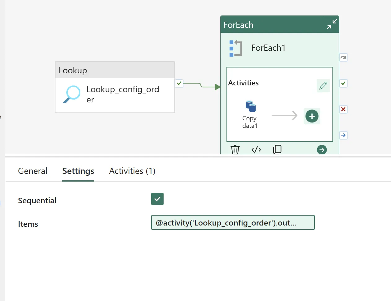 A Lookup activity named Lookup_config_order feeding a ForEach activity, Settings tab, Sequential checked, Items set to @activity('Lookup_config_order').out... (truncated).