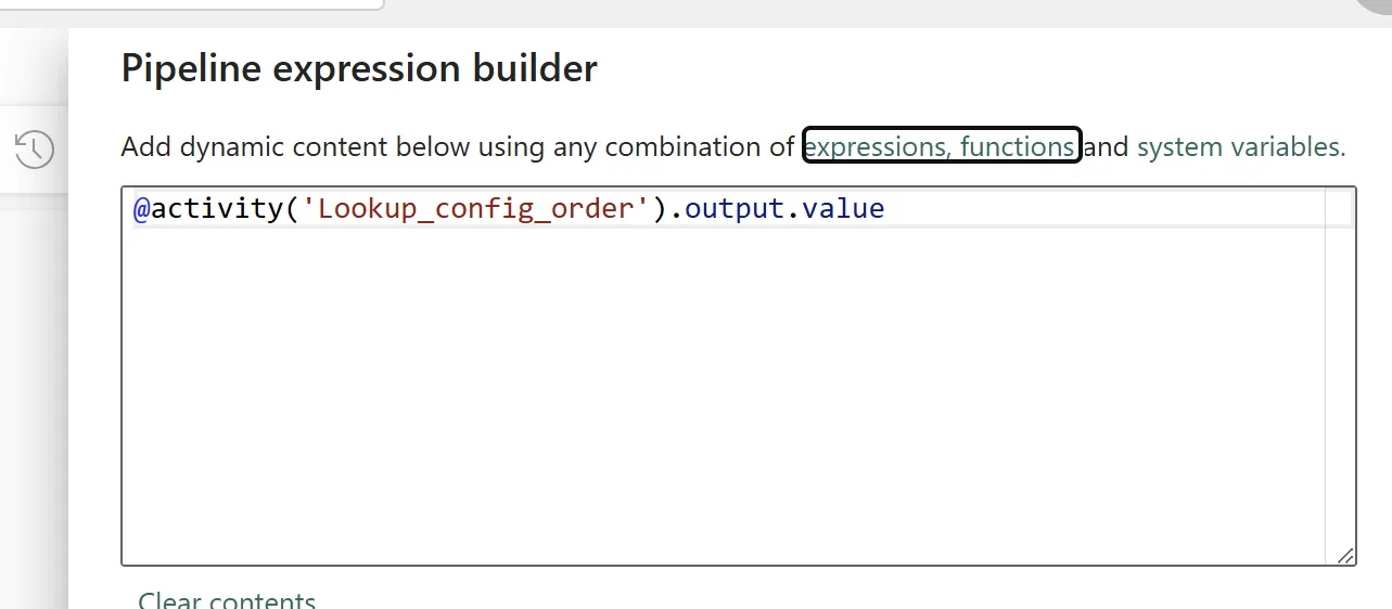Pipeline expression builder showing the full expression: @activity('Lookup_config_order').output.value.