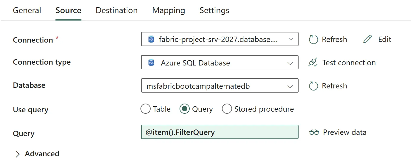 Copy data activity Source tab, Azure SQL Database connection, Query mode, Query set to @item().FilterQuery.
