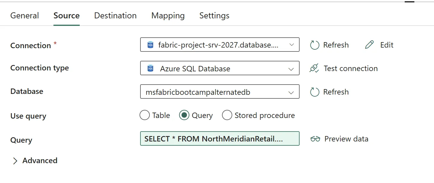 CopyOrdersIncremental Source tab, Query mode, Query field reading SELECT * FROM NorthMeridianRetail... (truncated).
