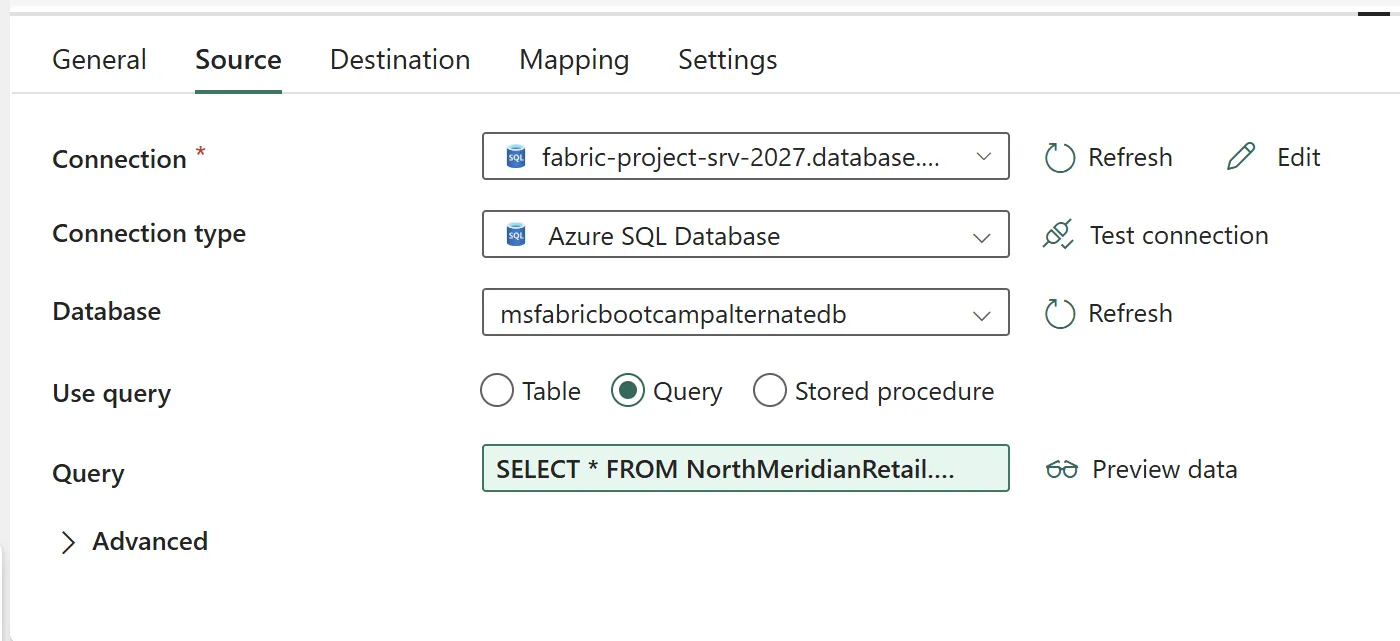 CopySalesIncremental Source tab, Query mode, Query field reading SELECT * FROM NorthMeridianRetail... (truncated).
