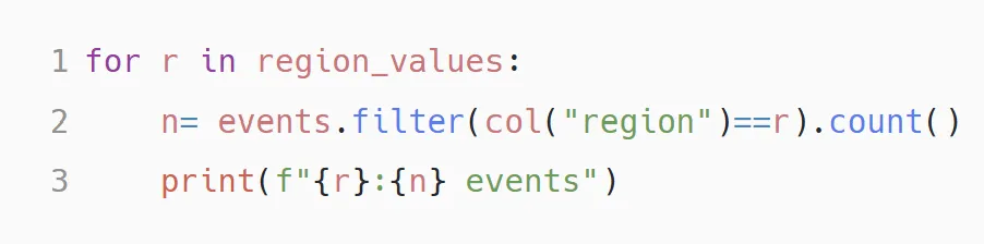 PySpark cell: a for loop over region_values, filtering events to that region and counting, then printing the region and its event count.