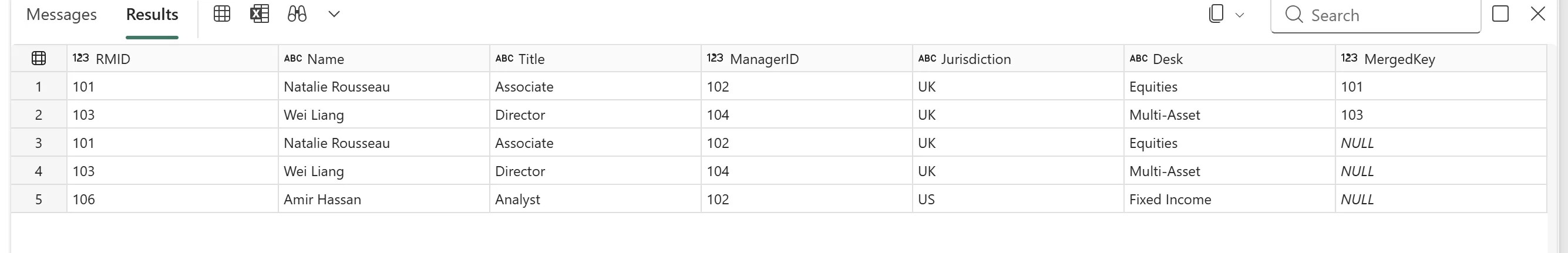 Staging diff result: Natalie Rousseau and Wei Liang each appear twice, once with MergedKey set to their RMID and once with MergedKey NULL, while Amir Hassan, a new hire, appears once with MergedKey NULL.