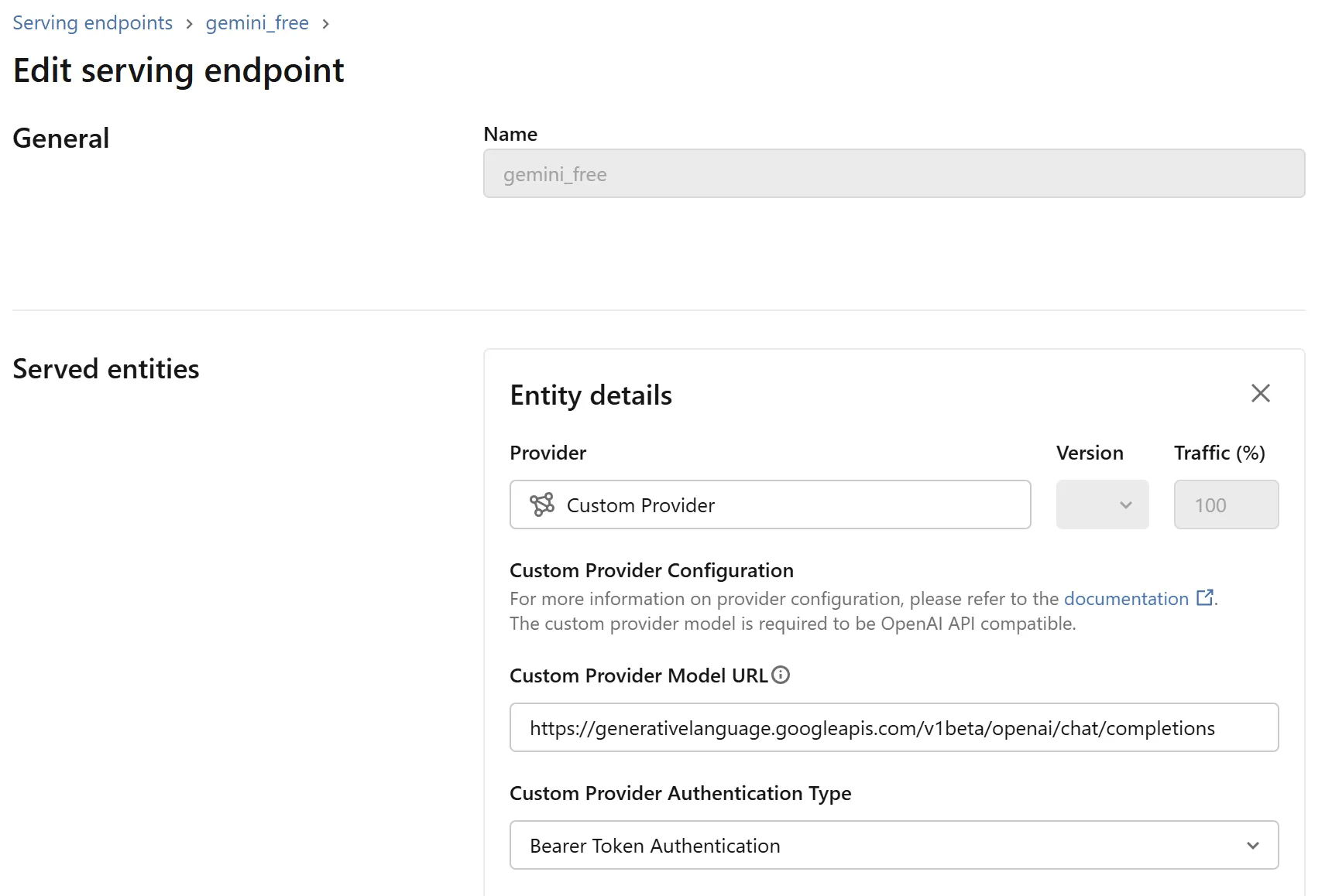 Databricks Edit serving endpoint page for gemini_free, using a Custom Provider at 100% traffic, with the model URL set to Google's generativelanguage OpenAI-compatible chat completions address and Bearer Token Authentication.