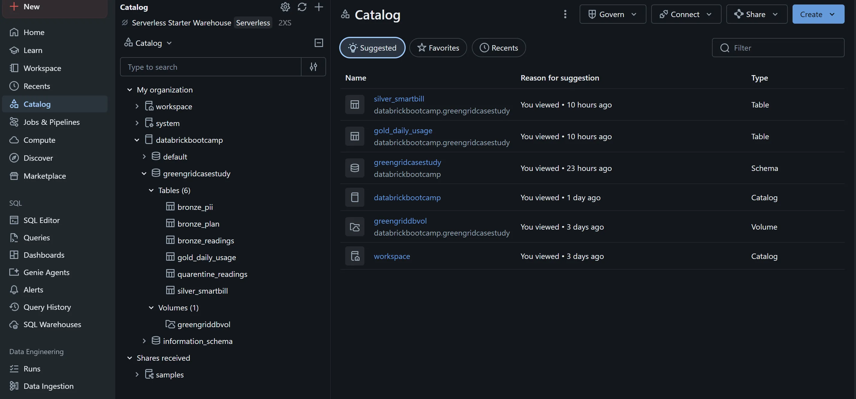 Databricks Unity Catalog explorer for the greengridcasestudy schema under the databrickbootcamp catalog, listing six tables (bronze_pii, bronze_plan, bronze_readings, gold_daily_usage, quarantine_readings, silver_smartbill) and one volume (greengriddbvol).